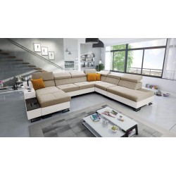 U-förmiges Sofa Avanti X mit Schlaffunktion und USB-Lampe | Velours, Whisper 3 + Ökoleder