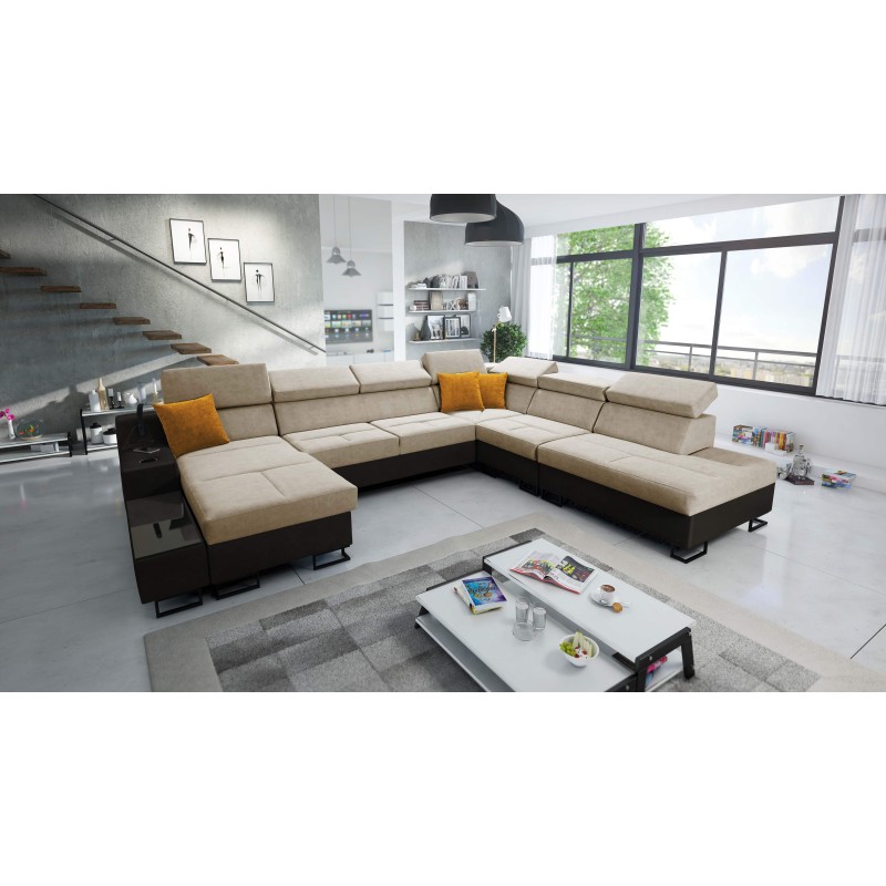 U-förmiges Ecksofa Avanti X mit Schlaffunktion und USB-Lampe | Samt, Whisper 3 + schwarzes Kunstleder