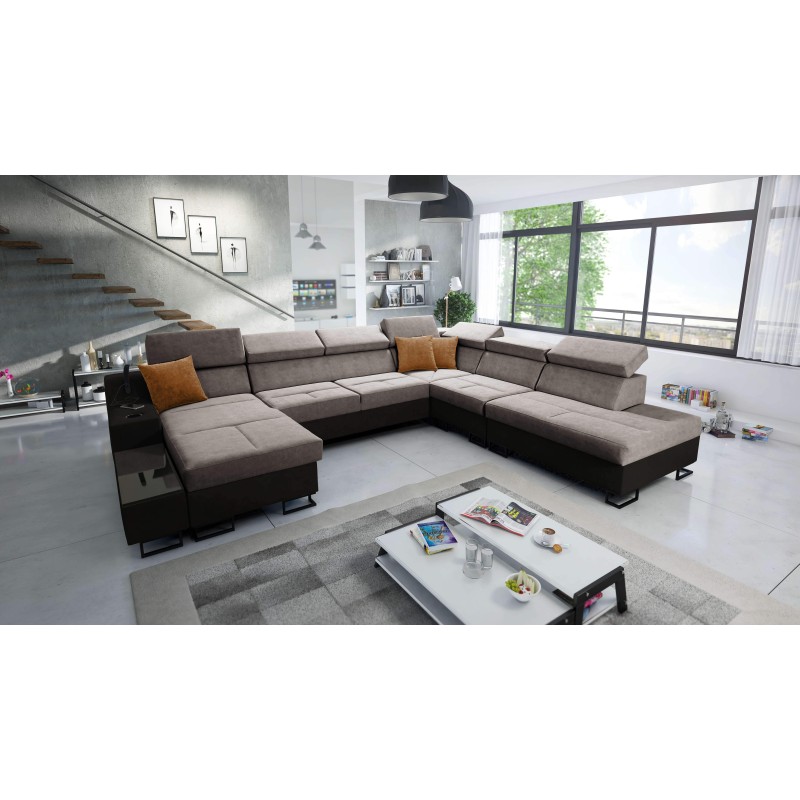 U-förmiges Sofa Avanti X mit Schlaffunktion und USB-Lampe | Samt, Whisper 5 + schwarzes Kunstleder
