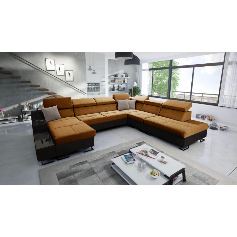 U-shaped corner sofa Avanti X with sleeping function and USB lamp | Velvet, Whisper 9 + Black Eco-leather