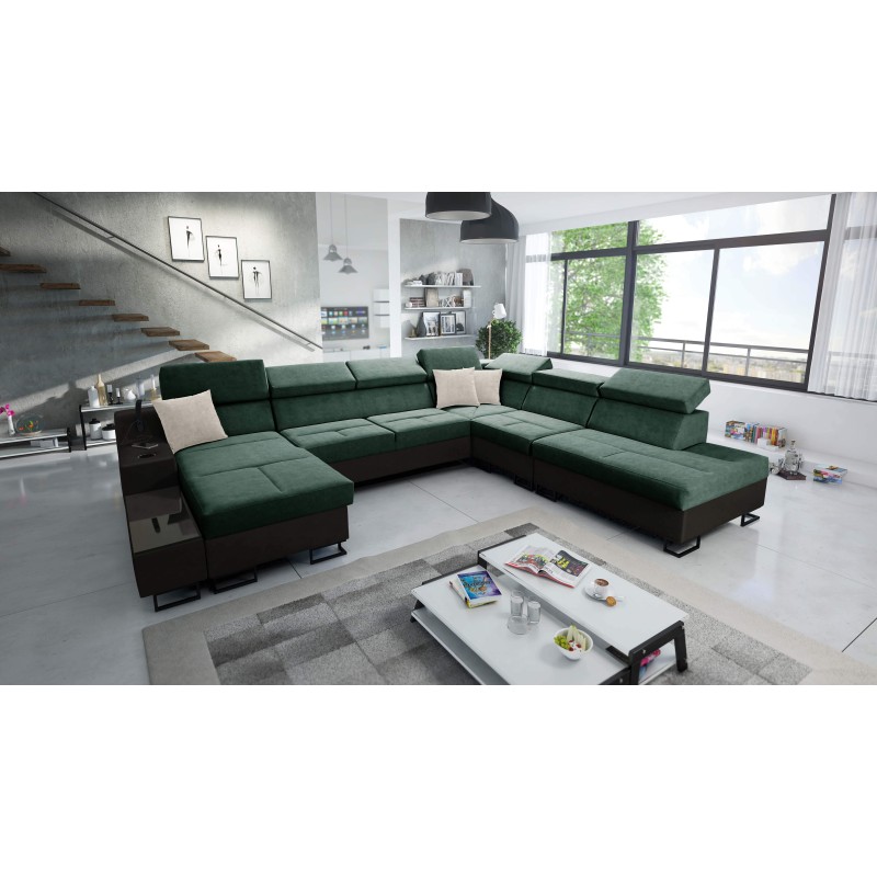 U-shaped Avanti X corner sofa with sleeping function and USB lamp | Velvet, Whisper 11 + Black Eco-leather