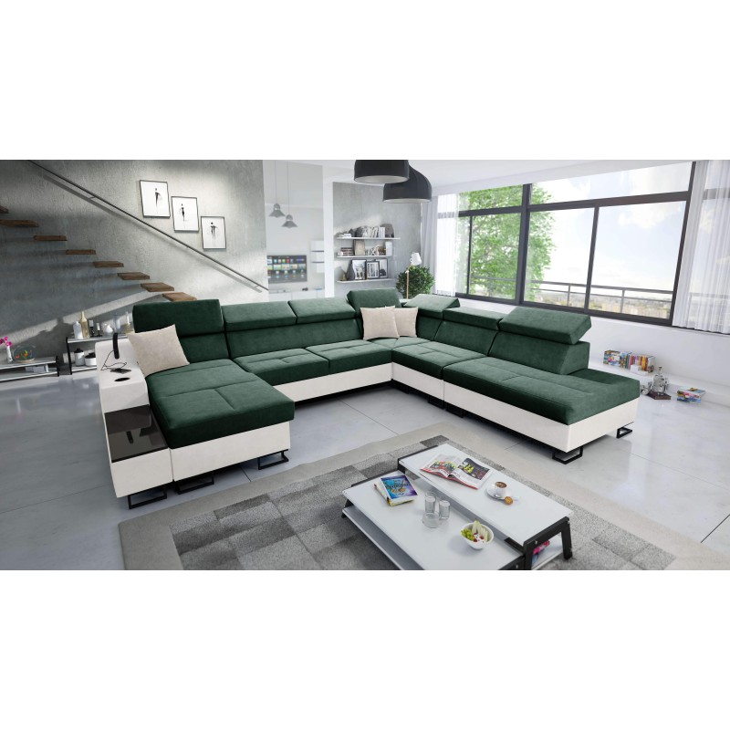 U-shaped corner sofa Avanti X with sleeping function and USB lamp | Velvet, Whisper 11 + Eco-leather