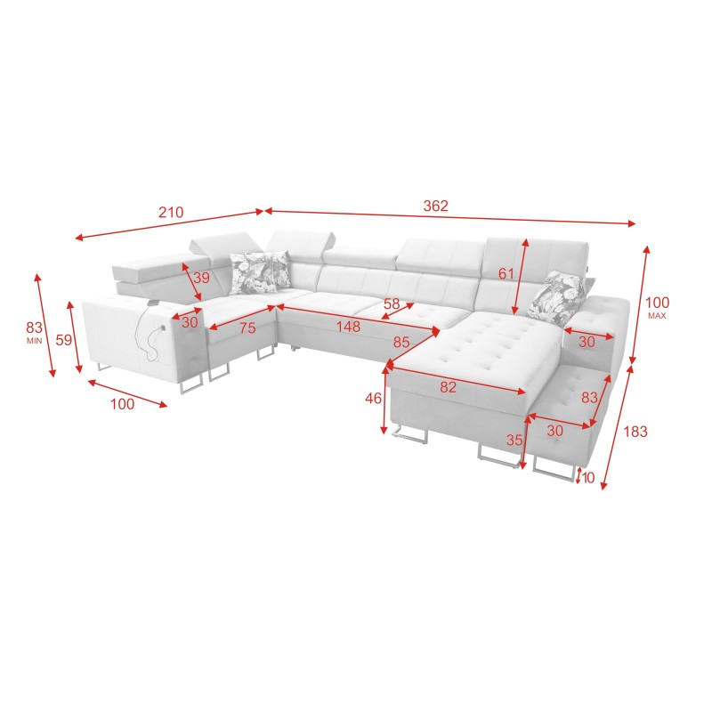 Fusion IV corner sofa with quilted seat, sleeping function, and USB port | Velvet | Hydrophobic, Magic Velvet 2282