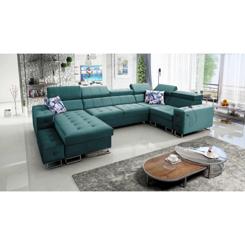 Fusion IV corner sofa with quilted seat, sleeping function, and USB port | Velvet | Hydrophobic, Magic Velvet 2221