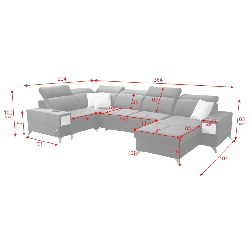 U-shaped corner sofa Porto IV with a sleeping function - high-quality Velour fabric | Hydrophobic, Casablanca 2315