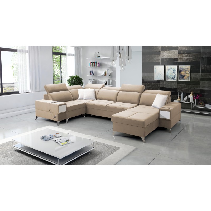 U-shaped Porto IV sectional sofa with a sleeping function - high-quality Velour fabric | Hydrophobic, Casablanca 2304