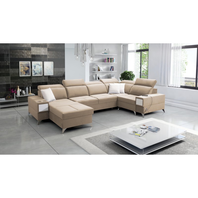 U-shaped Porto IV sectional sofa with a sleeping function - high-quality Velour fabric | Hydrophobic, Casablanca 2304