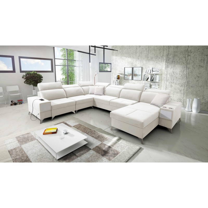 Porto VIII U-shaped corner sofa with a sleeping function and USB port | Furniture in Velvet fabric | Hydrophobic, Casablanca 230