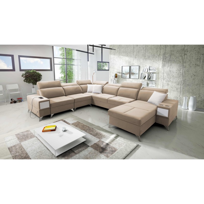 U-shaped sectional sofa Porto VIII with a sleeping function and USB port | Furniture in Velour fabric | Hydrophobic, Casablanca