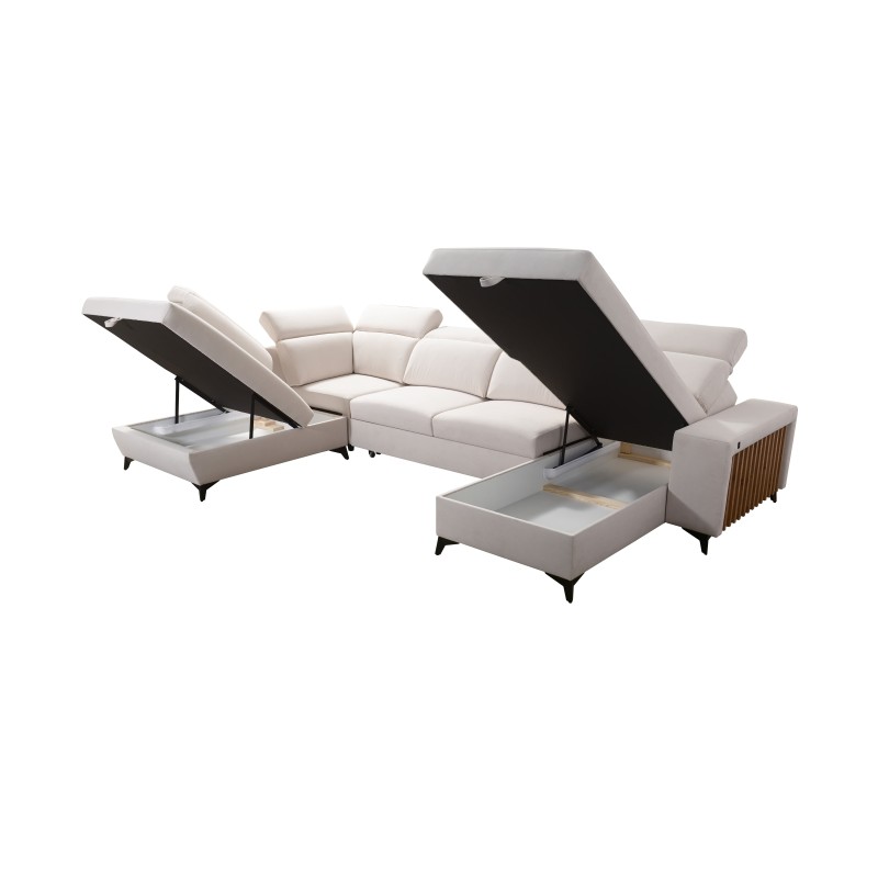 Sofá en forma de U Alto VI con listones, función de cama y reposacabezas ajustables Plecionka, Sawana 25 Sofá en forma de U Alto VI con listones, función de cama y reposacabezas ajustables Plecionka, Sawana 25