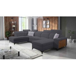 U-shaped corner sofa Alto VI with slats, sleeping function, and adjustable headrests in Weave, Sawana 96.