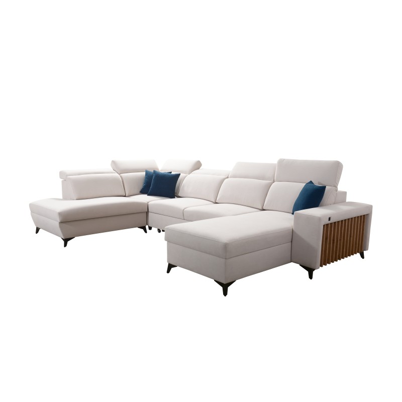 U-shaped corner sofa Alto VI with slats, sleeping function, and adjustable headrests in Weave, Sawana 96.