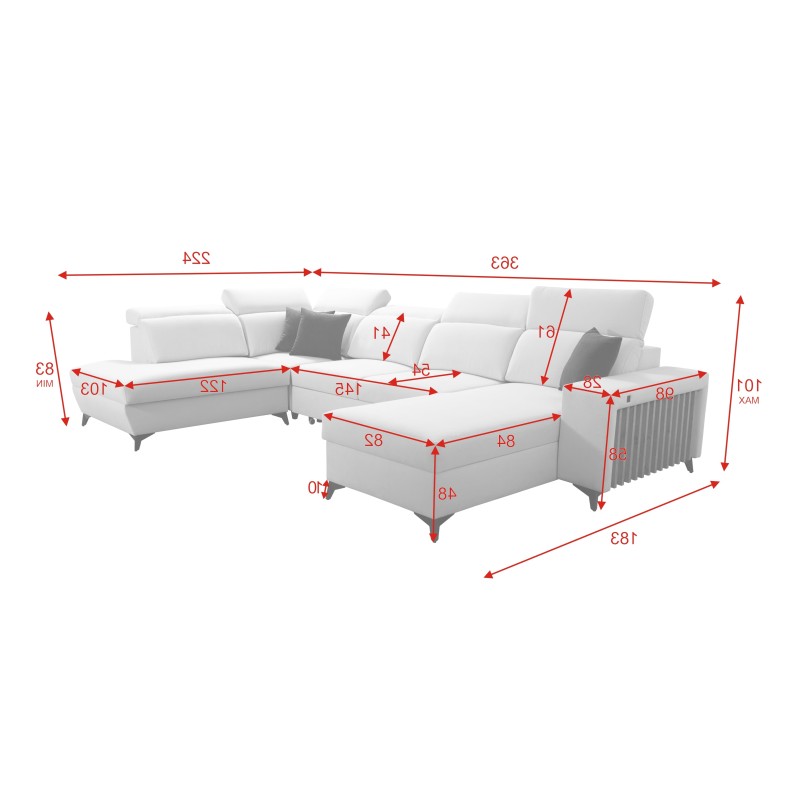 U-shaped corner sofa Alto VI with slats, sleeping function, and adjustable headrests in Weave, Sawana 96.