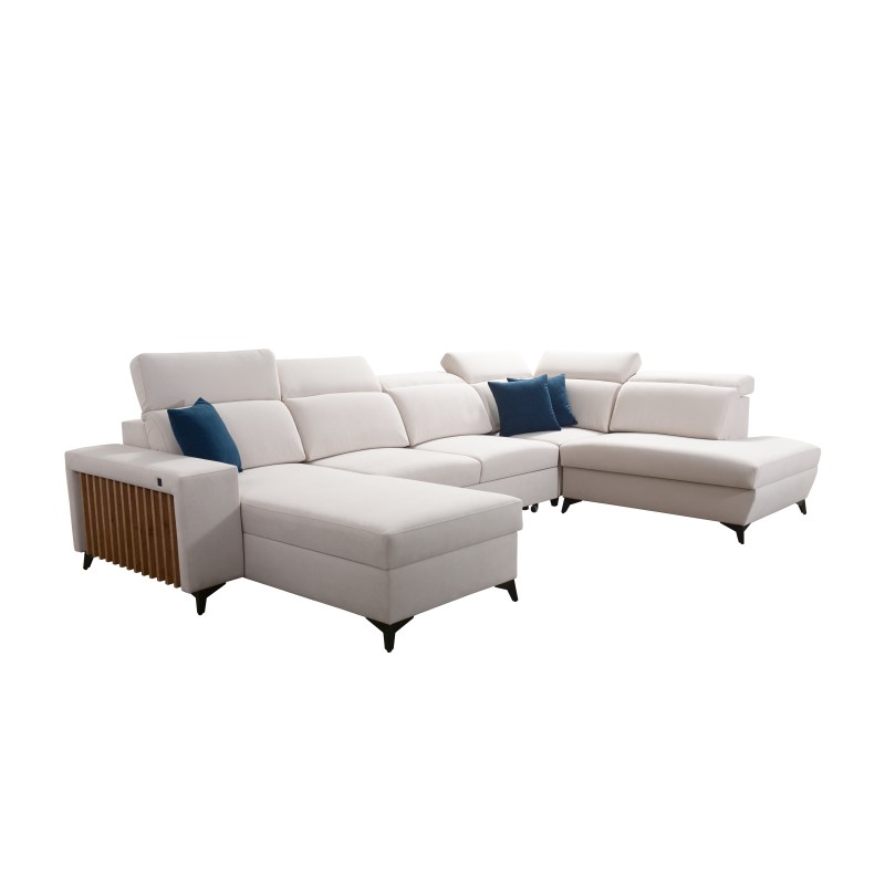 U-shaped corner sofa Alto VI with slats, sleeping function, and adjustable headrests in Weave, Sawana 96.