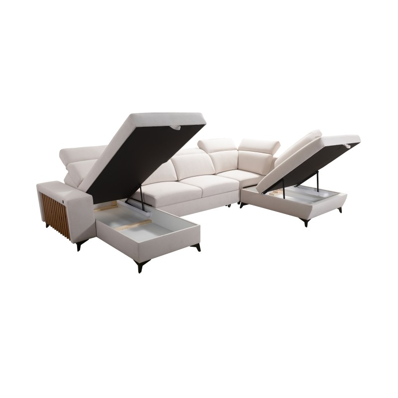 U-shaped corner sofa Alto VI with slats, sleeping function, and adjustable headrests in Weave, Sawana 96.