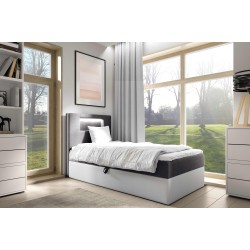 Cama Niva I con iluminación led y contenedor para ropa de cama.