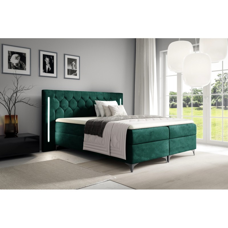 Cama continental Arius con acolchado decorativo y luz LED en el cabecero, tela Monolith 37 Cama continental Arius con acolchado decorativo y luz LED en el cabecero, tela Monolith 37