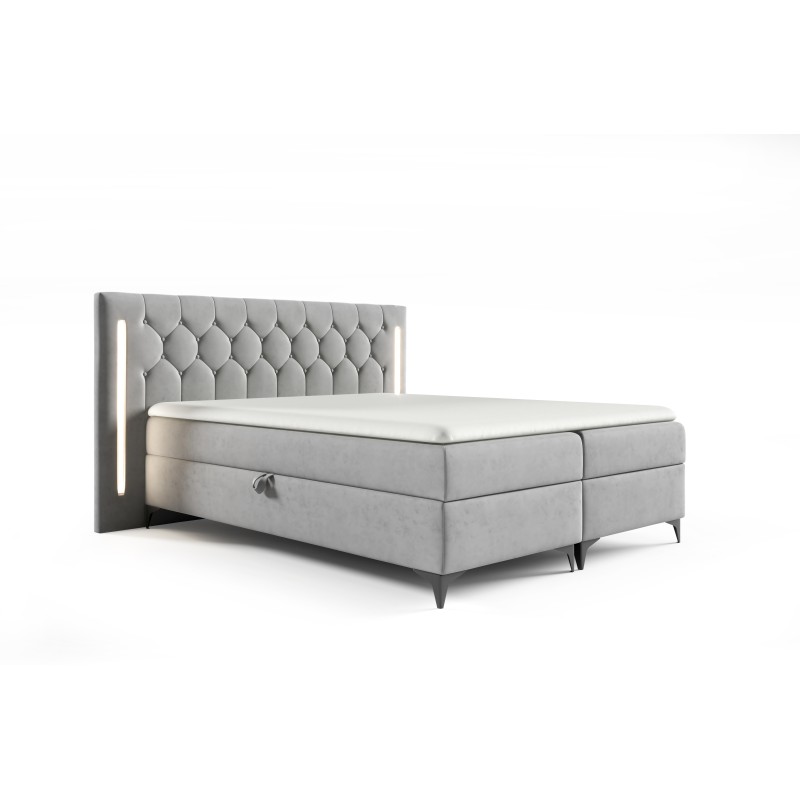 Cama continental Arius con adornos capitoné y iluminación LED en el cabecero, tela Fresh 01 Cama continental Arius con adornos capitoné y iluminación LED en el cabecero, tela Fresh 01