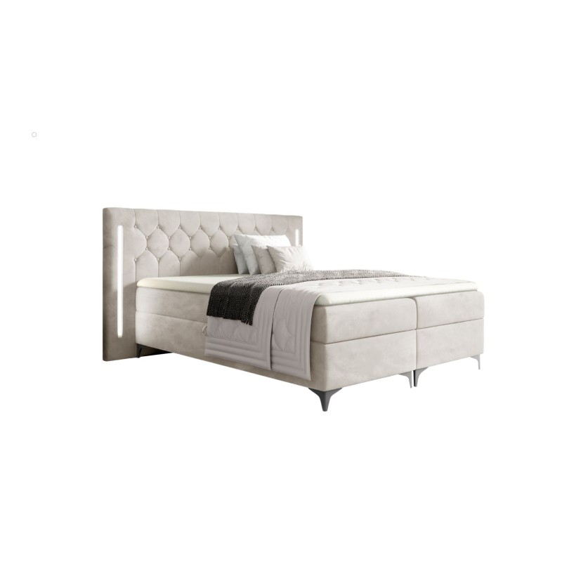 Cama continental Arius con adornos capitoné y iluminación LED en el cabecero, tela Fresh 01 Cama continental Arius con adornos capitoné y iluminación LED en el cabecero, tela Fresh 01