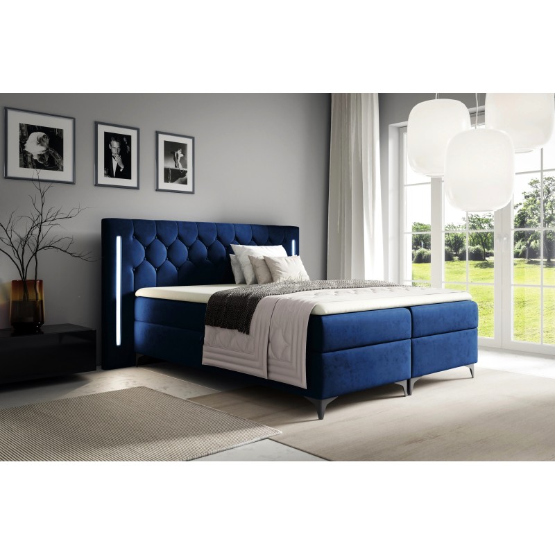 Cama continental Arius con acolchado decorativo y luz LED en el cabecero, tela Fresh 11 Cama continental Arius con acolchado decorativo y luz LED en el cabecero, tela Fresh 11