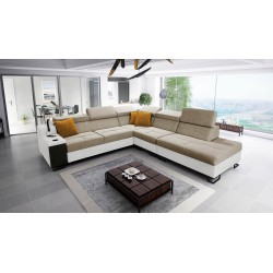 Ecksofa Avanti IX mit Schlaffunktion und Lampe mit USB-Anschluss, Stoff Whisper 3 + Kunstleder