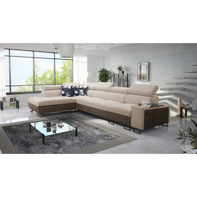 Prestige XI Maxi Corner Sofa with Sleeping Function and USB Port | Upholstered Corner Sofa Soft to the Touch, Freya 210.04 + Tau
