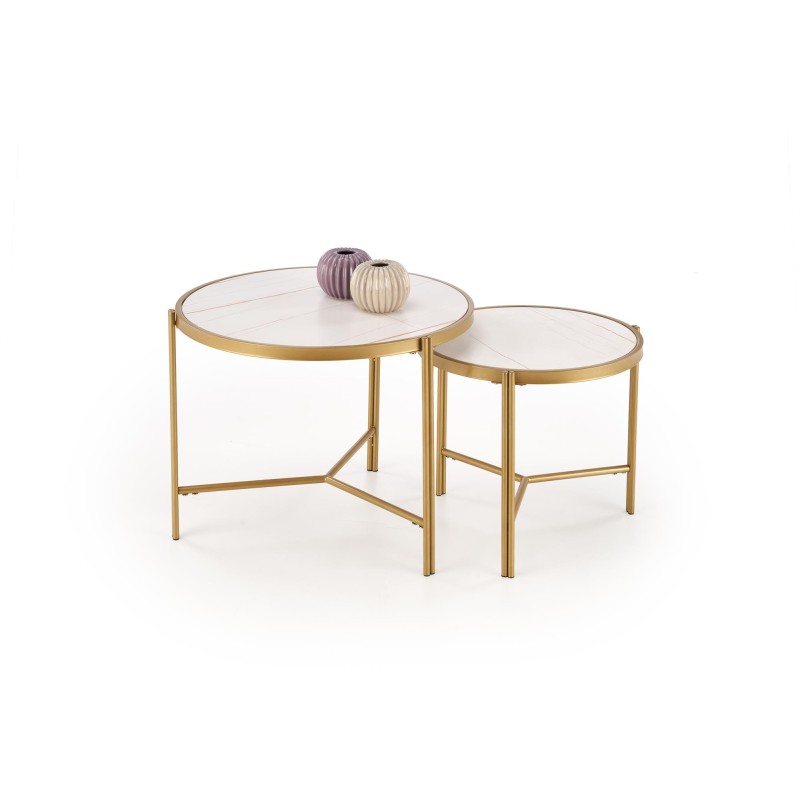 'FATIMA Set of 2 Benches, White Marble / Gold' 'FATIMA Set of 2 Benches, White Marble / Gold'