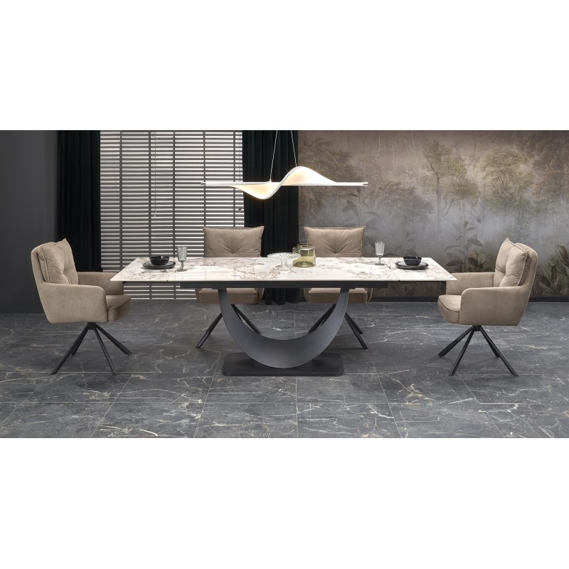 'FERNANDO extendable table, top - white marble, legs - black'