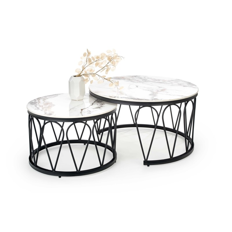 'FORMOSA Set of 2 Benches, White Marble / Black' 'FORMOSA Set of 2 Benches, White Marble / Black'