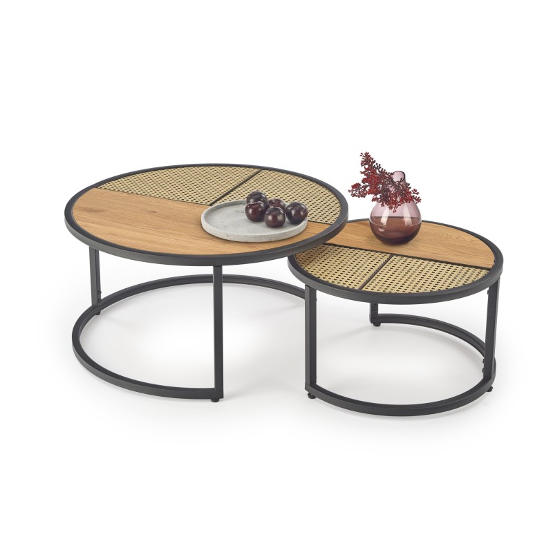 'GARMINA Set of 2 Golden Oak / Black Benches' 'GARMINA Set of 2 Golden Oak / Black Benches'