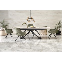 'HILARIO Extendable Table, Top - White Marble, Legs - Black' 'HILARIO Extendable Table, Top - White Marble, Legs - Black'