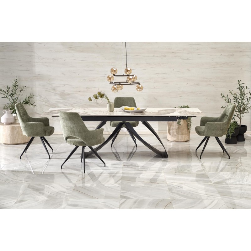 'HILARIO Extendable Table, Top - White Marble, Legs - Black' 'HILARIO Extendable Table, Top - White Marble, Legs - Black'