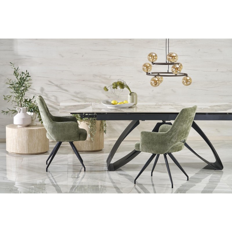 'HILARIO Extendable Table, Top - White Marble, Legs - Black' 'HILARIO Extendable Table, Top - White Marble, Legs - Black'