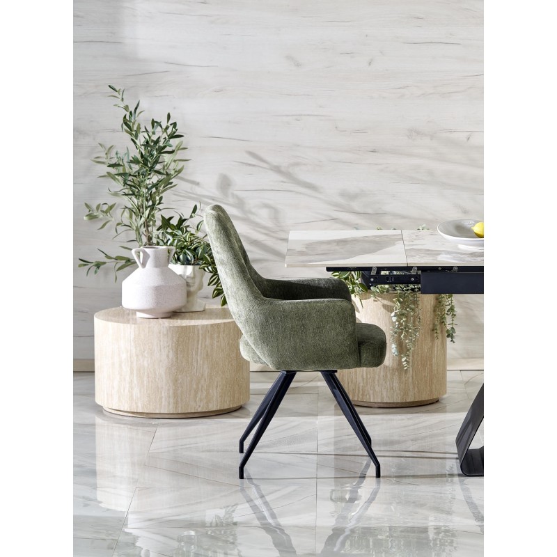 'HILARIO Extendable Table, Top - White Marble, Legs - Black' 'HILARIO Extendable Table, Top - White Marble, Legs - Black'