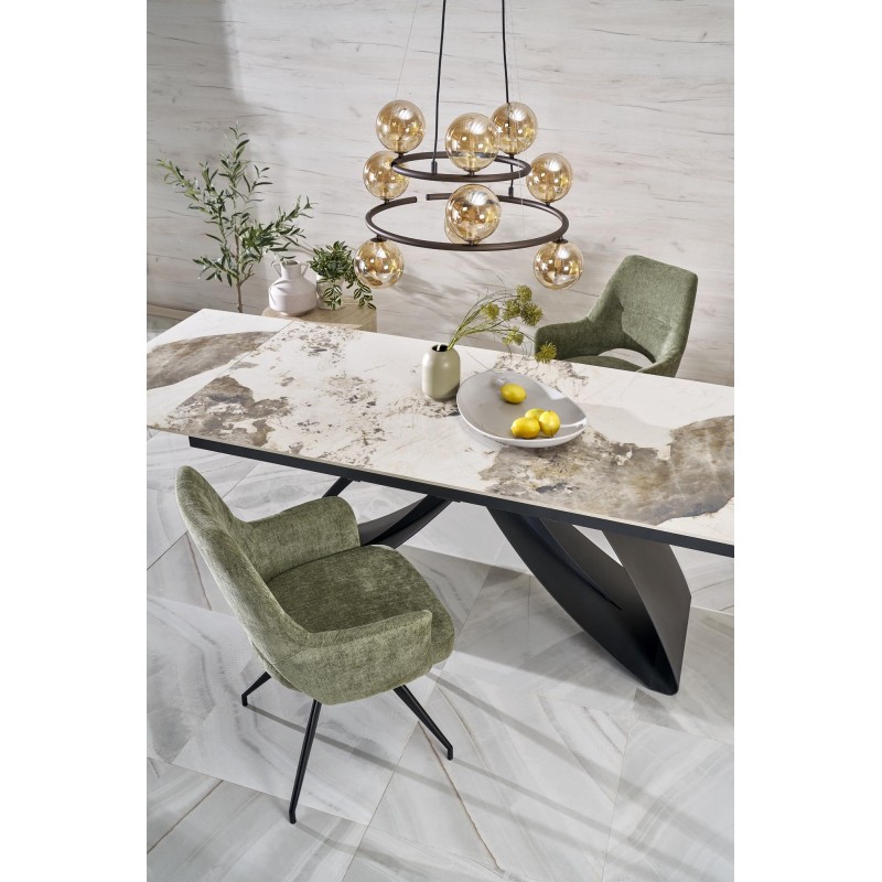 'HILARIO Extendable Table, Top - White Marble, Legs - Black' 'HILARIO Extendable Table, Top - White Marble, Legs - Black'