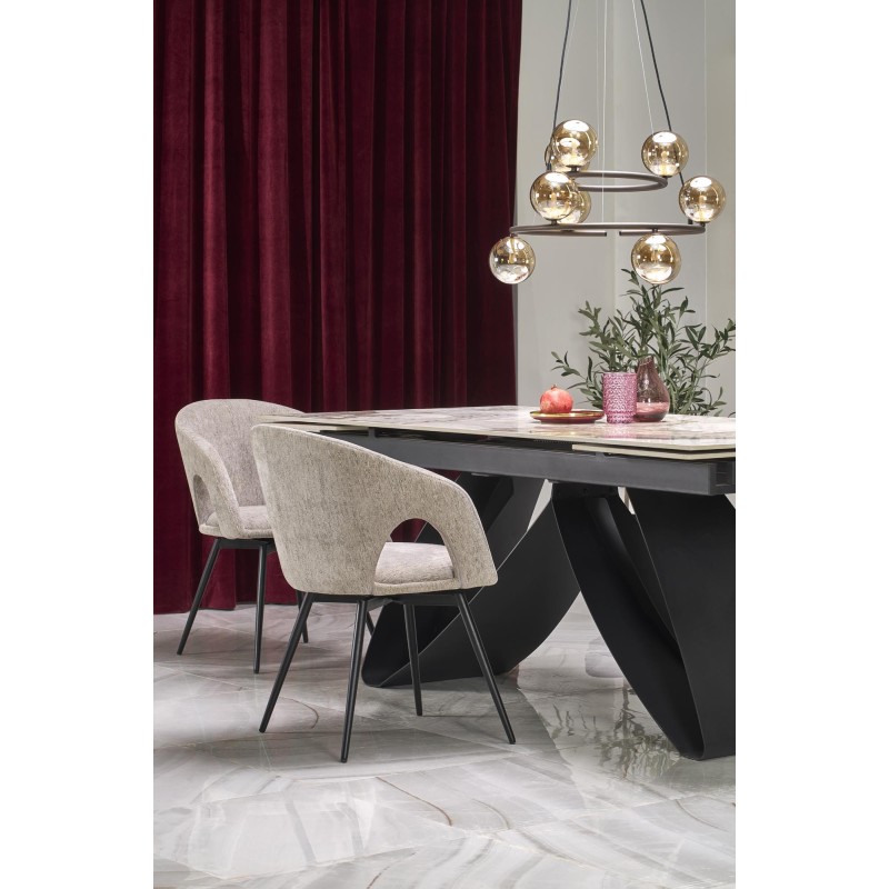 'HILARIO Extendable Table, Top - White Marble, Legs - Black' 'HILARIO Extendable Table, Top - White Marble, Legs - Black'