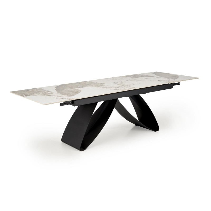 'HILARIO Extendable Table, Top - White Marble, Legs - Black' 'HILARIO Extendable Table, Top - White Marble, Legs - Black'