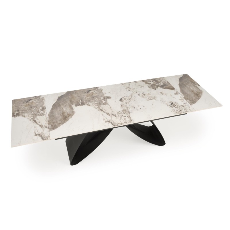 'HILARIO Extendable Table, Top - White Marble, Legs - Black' 'HILARIO Extendable Table, Top - White Marble, Legs - Black'