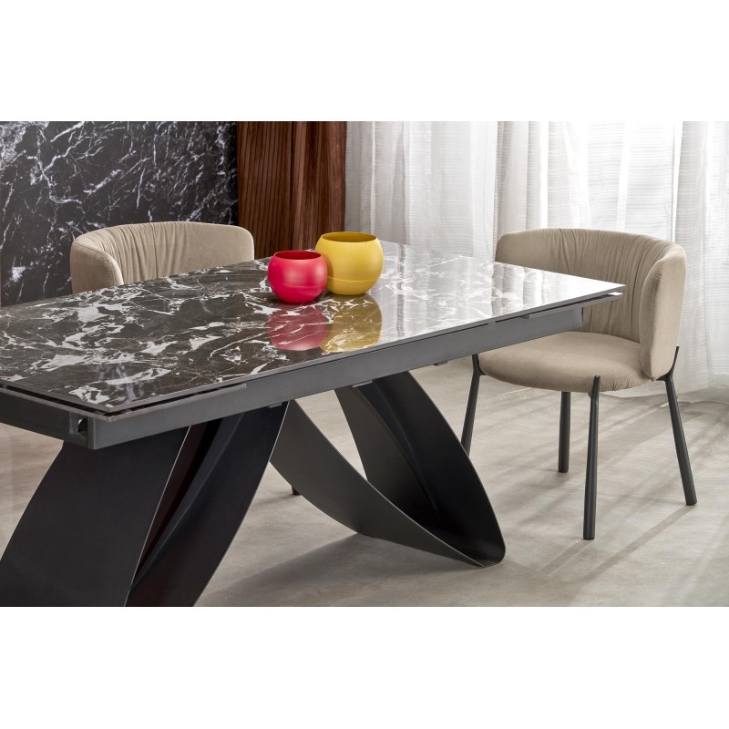 'HILARIO Extendable Table, Top - Black Marble, Legs - Black' 'HILARIO Extendable Table, Top - Black Marble, Legs - Black'
