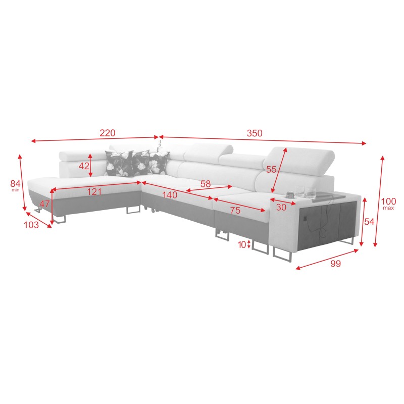 Prestige XI Mini corner sofa with sleeping function and USB port - Soft to the touch, Freya 210.02 + Tauro 8202