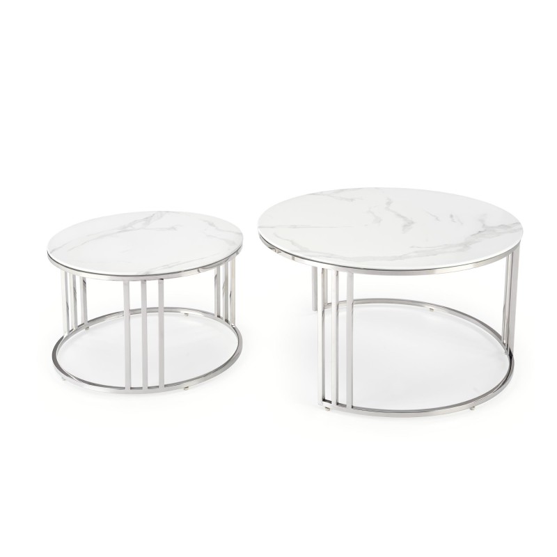 'MERCURY 2 set of 2 benches, frame - silver, glass - white marble' 'MERCURY 2 set of 2 benches, frame - silver, glass - white marble'