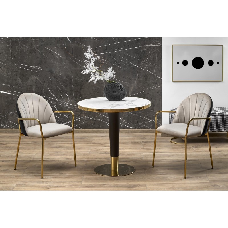 "MORATA Round Table, White Marble / Black / Gold"