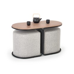 "PAMPA, coffee table with ottomans, tabletop: walnut, legs: black, ottoman: ash grey"