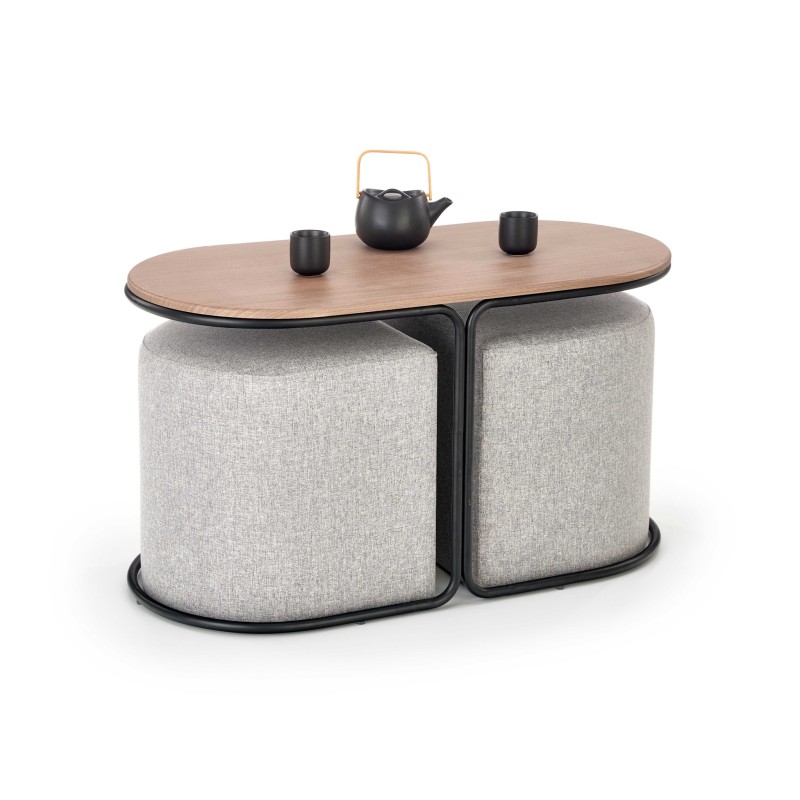 "PAMPA, coffee table with ottomans, tabletop: walnut, legs: black, ottoman: ash grey" "PAMPA, coffee table with ottomans, tabletop: walnut, legs: black, ottoman: ash grey"