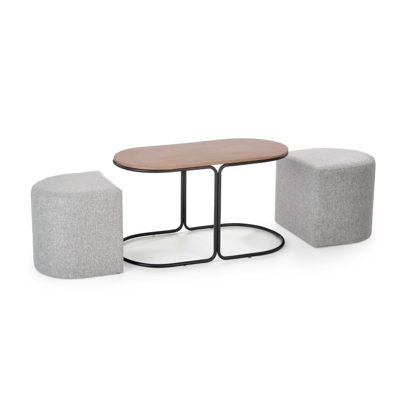 "PAMPA, coffee table with ottomans, tabletop: walnut, legs: black, ottoman: ash grey" "PAMPA, coffee table with ottomans, tabletop: walnut, legs: black, ottoman: ash grey"