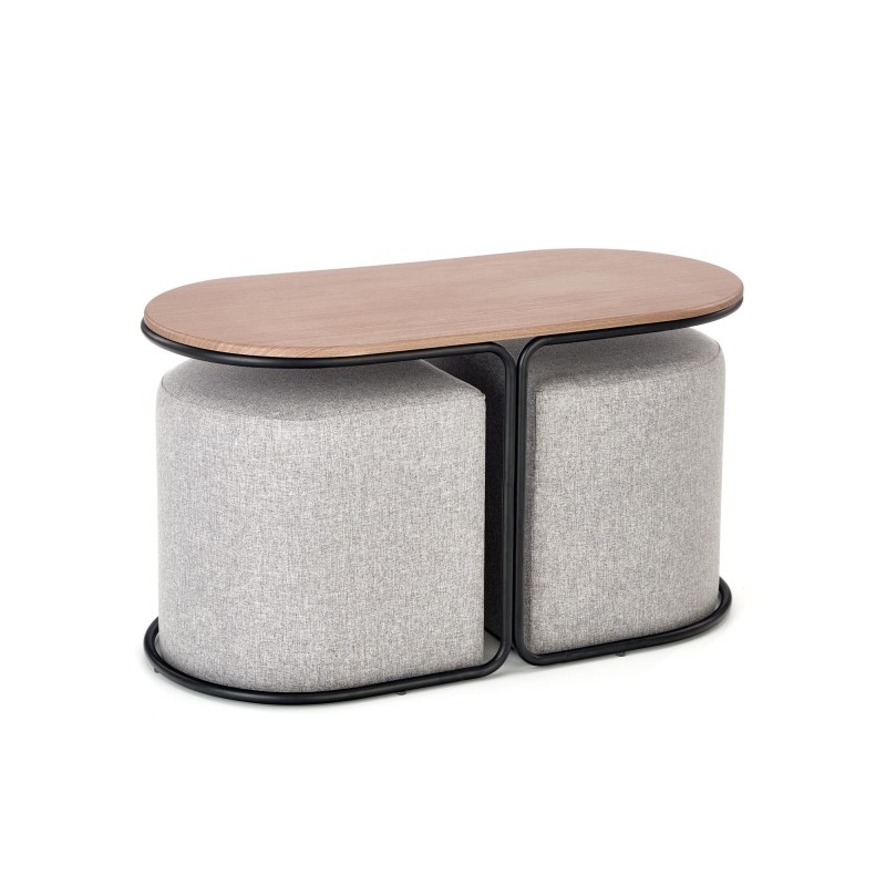 "PAMPA, coffee table with ottomans, tabletop: walnut, legs: black, ottoman: ash grey" "PAMPA, coffee table with ottomans, tabletop: walnut, legs: black, ottoman: ash grey"