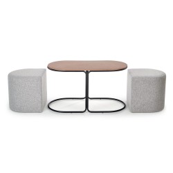 "PAMPA, coffee table with ottomans, tabletop: walnut, legs: black, ottoman: ash grey" "PAMPA, coffee table with ottomans, tabletop: walnut, legs: black, ottoman: ash grey"