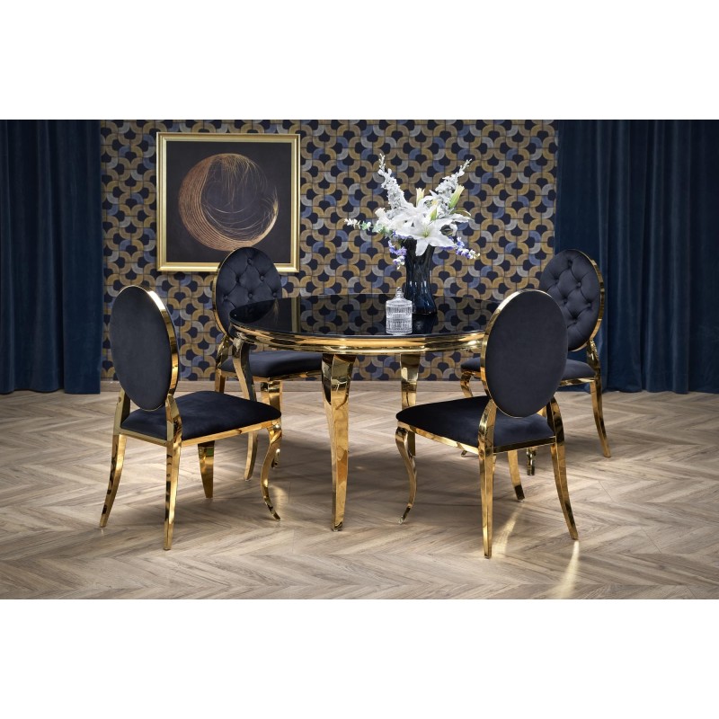 'REGINALD_2 Round Table - Black Glass Top, Gold Legs'