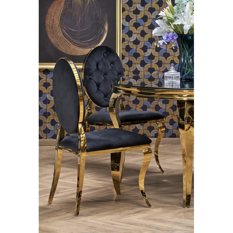 'REGINALD_2 Round Table - Black Glass Top, Gold Legs' 'REGINALD_2 Round Table - Black Glass Top, Gold Legs'