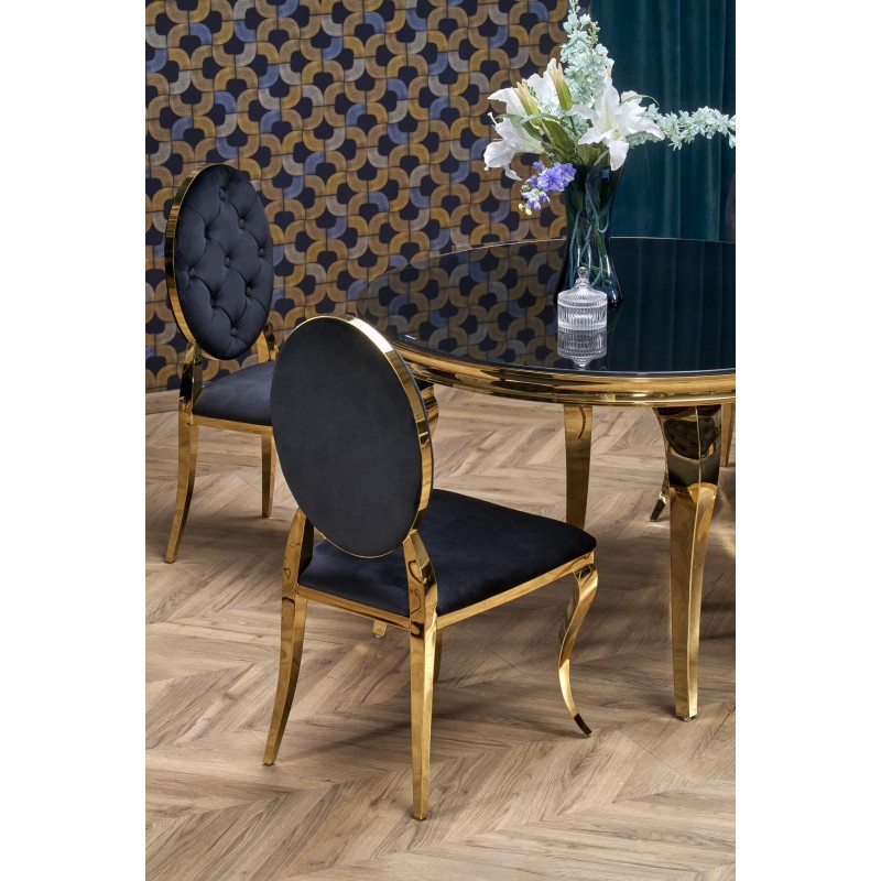 'REGINALD_2 Round Table - Black Glass Top, Gold Legs' 'REGINALD_2 Round Table - Black Glass Top, Gold Legs'